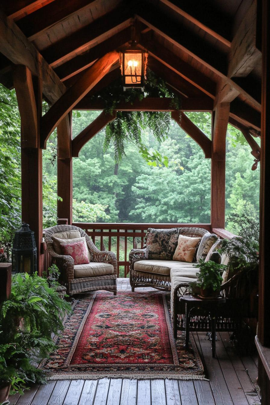 covered porch with wooden beams exposed cushioned porch furniture and area rug on a wooden deck overlooking a stunning lush garden with lush trees 1