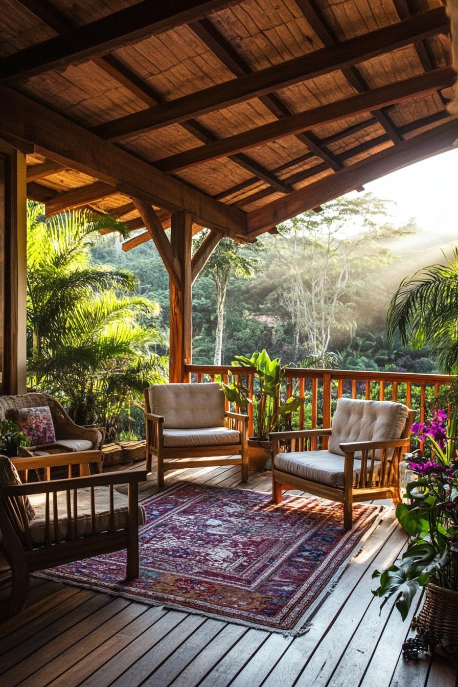 covered porch with wooden beams exposed cushioned porch furniture and area rug on a wooden deck overlooking a stunning lush garden with lush trees 2