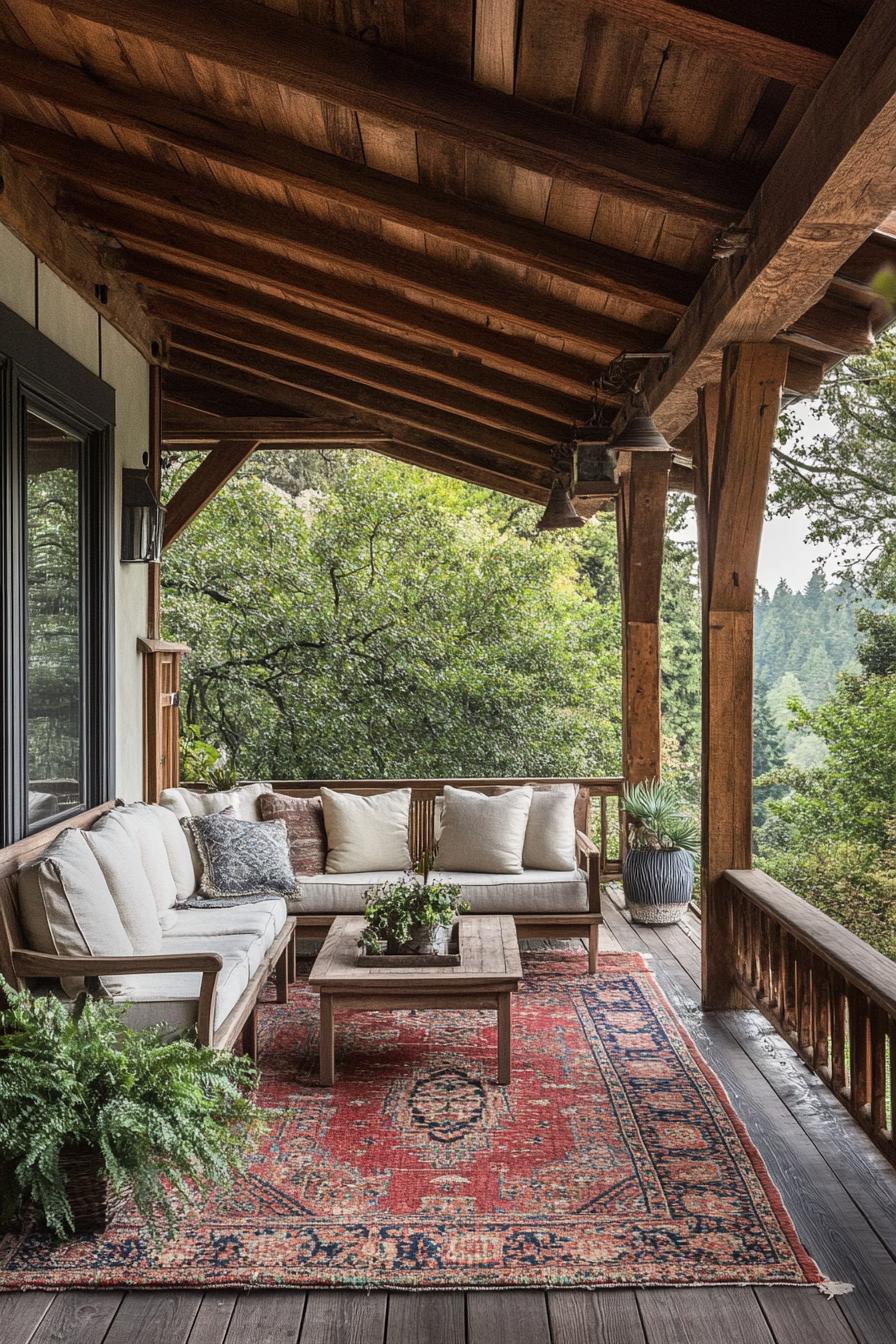 covered porch with wooden beams exposed cushioned porch furniture and area rug on a wooden deck overlooking a stunning lush garden with lush trees 3