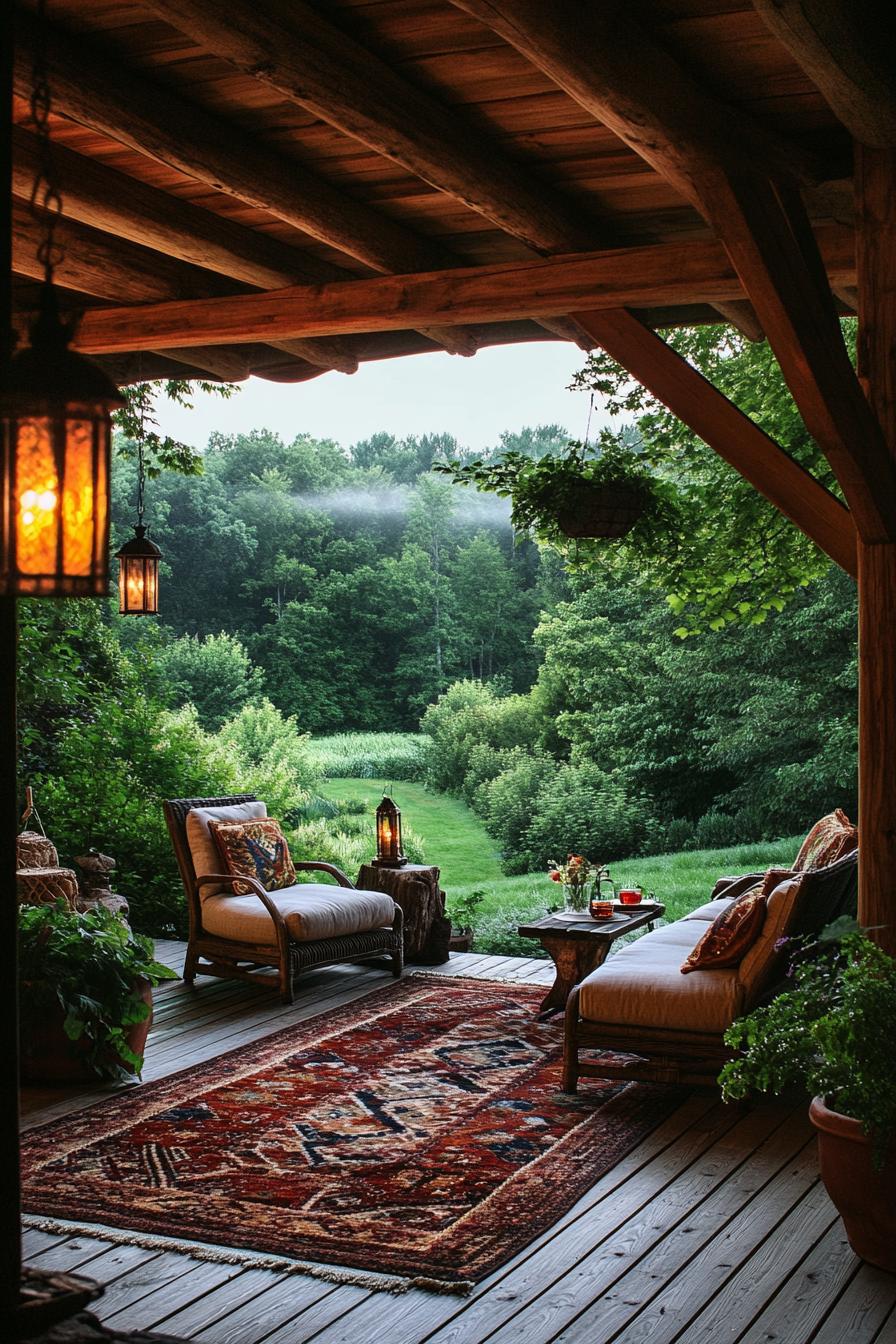 covered porch with wooden beams exposed cushioned porch furniture and area rug on a wooden deck overlooking a stunning lush garden with lush trees