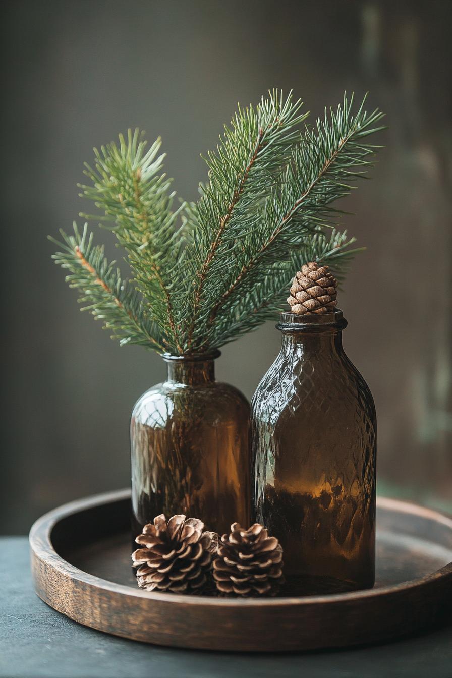 fir tree branches in a dark glass bottles in a wooden tray with pinecones for Christmas decor