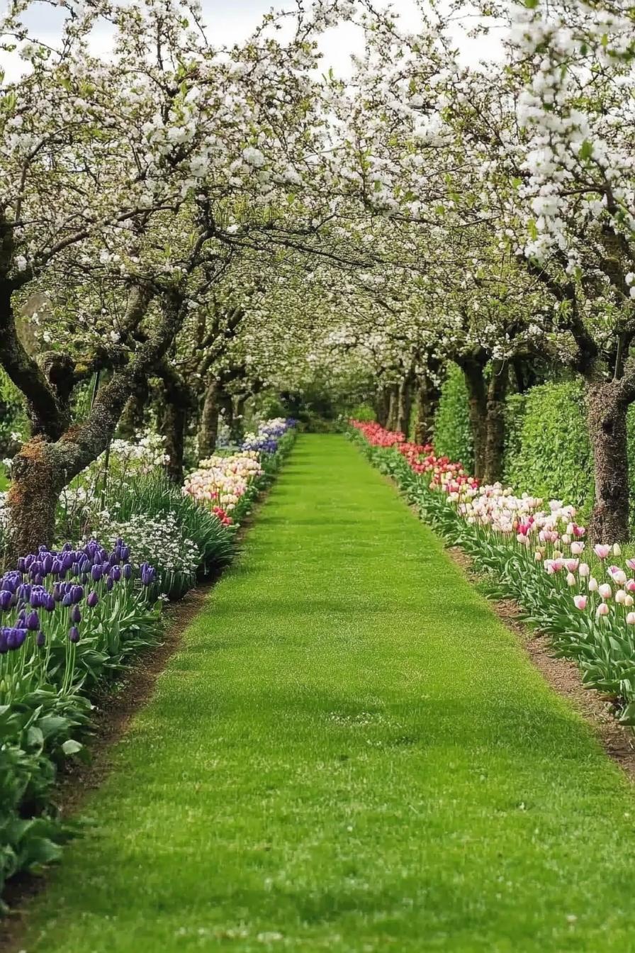 orchard garden with blossoming trimmed trees and tulips lining a path in the middle of green lawn grass