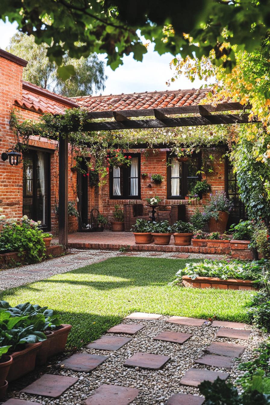 red brick country cottage yard with small pergola with vines and hanging potted plants lawn with geometric pebble areas beds with leafy veggies 1