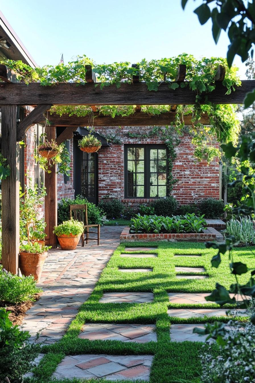 red brick country cottage yard with small pergola with vines and hanging potted plants lawn with geometric pebble areas beds with leafy veggies 2