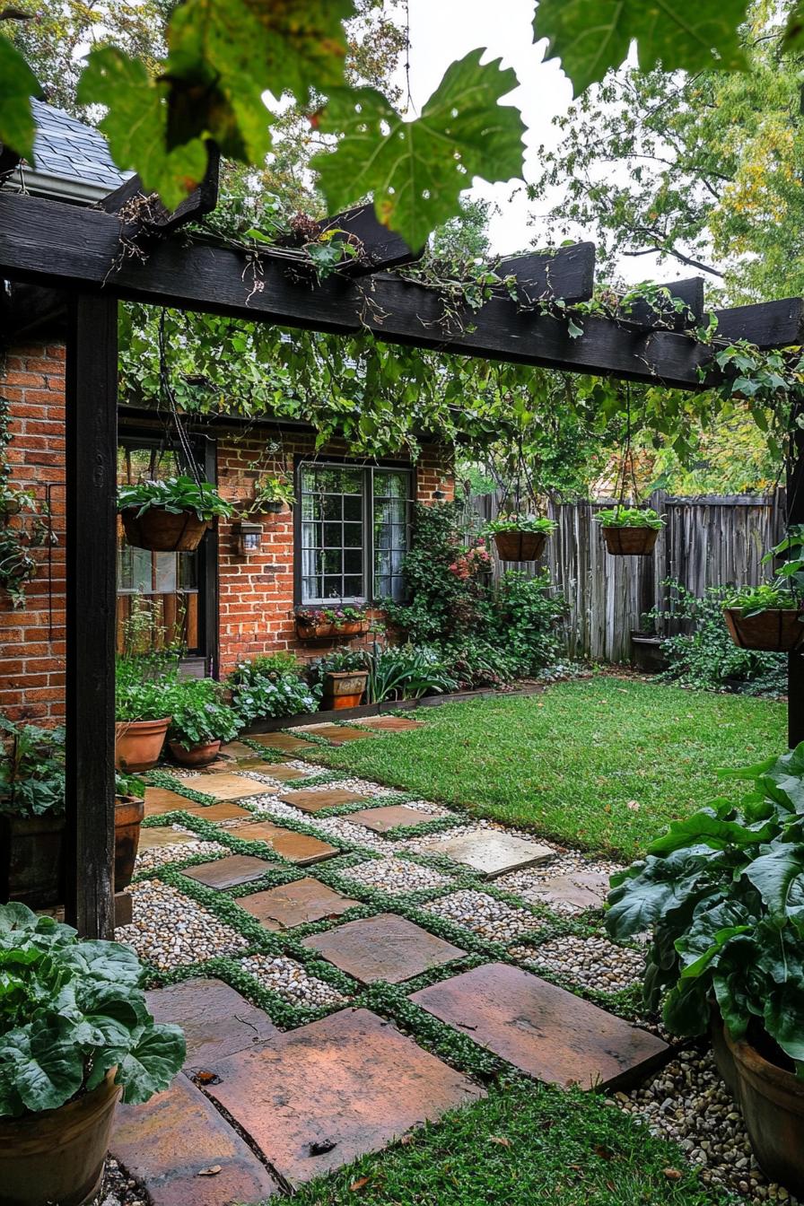 red brick country cottage yard with small pergola with vines and hanging potted plants lawn with geometric pebble areas beds with leafy veggies 3