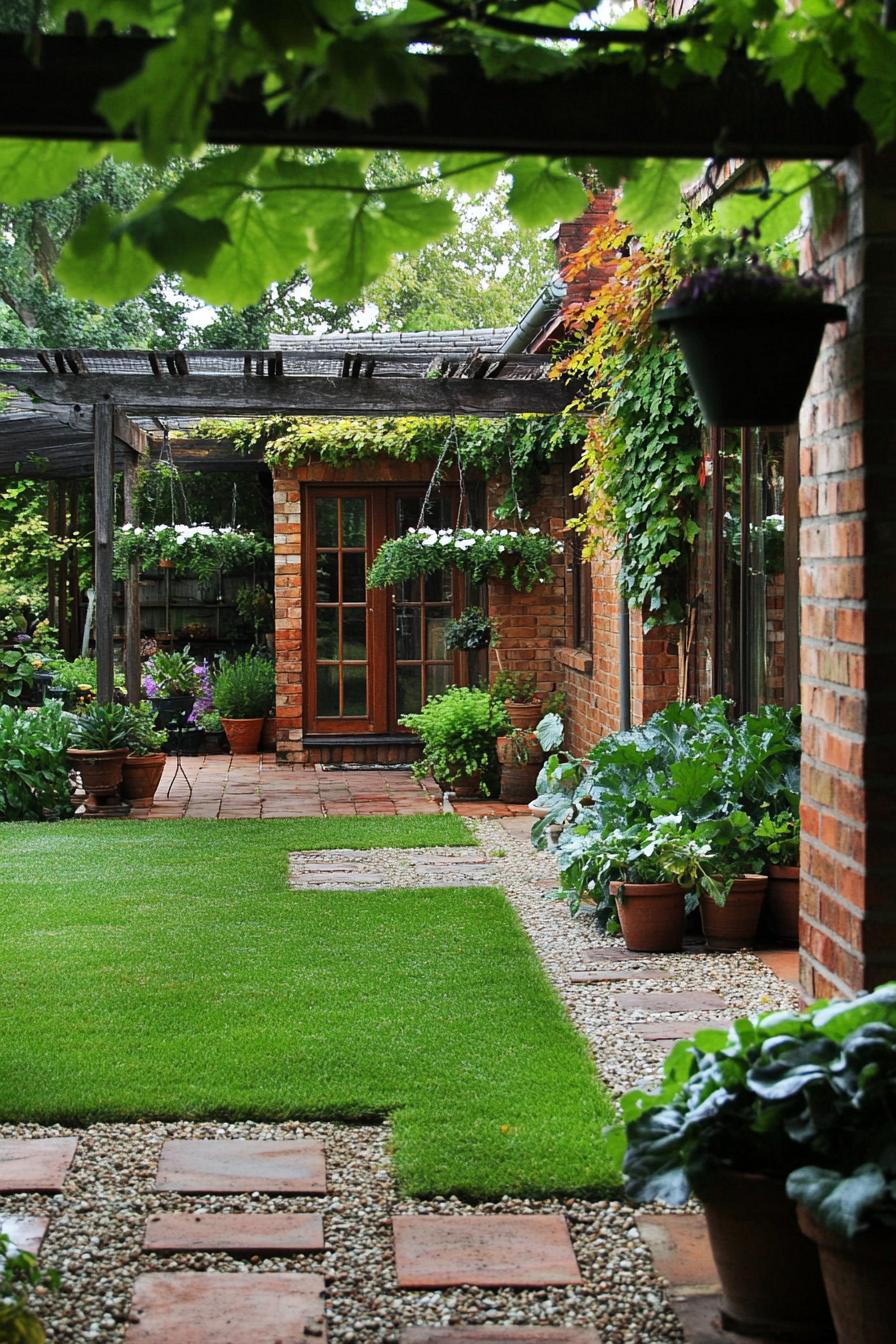 red brick country cottage yard with small pergola with vines and hanging potted plants lawn with geometric pebble areas beds with leafy veggies