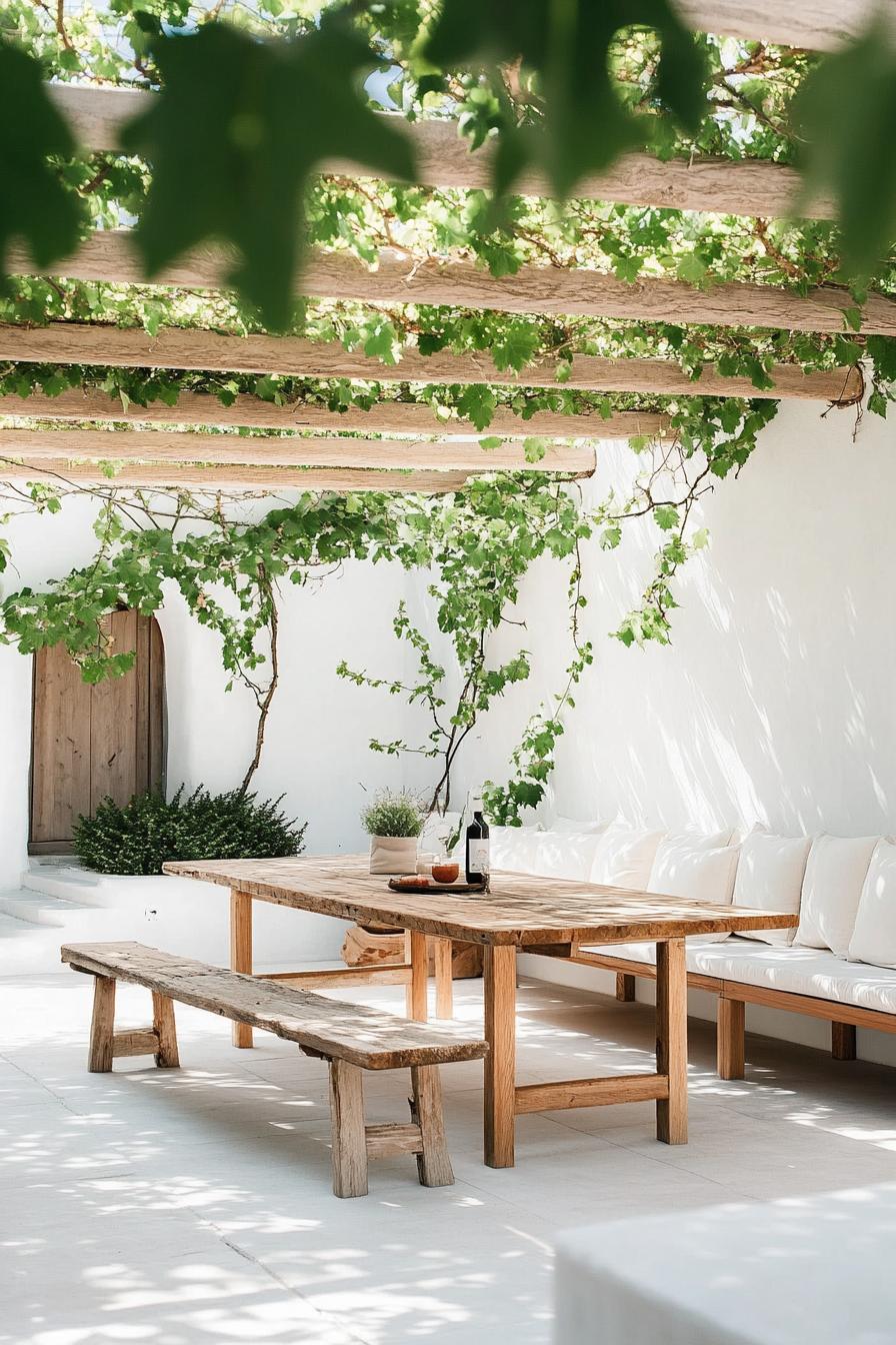 white patio with pergola with vines wooden modern furniture dining table 1