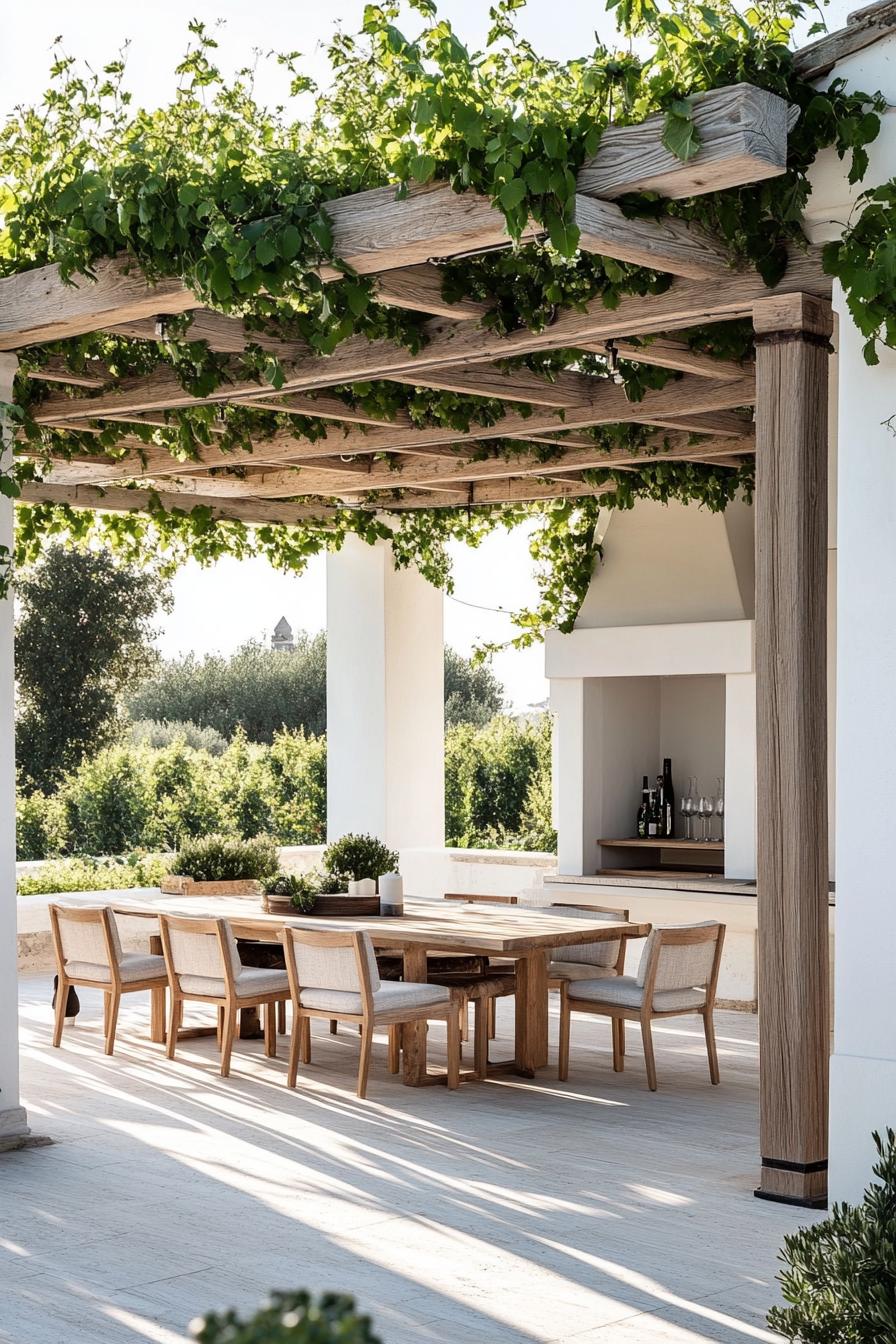 white patio with pergola with vines wooden modern furniture dining table 2