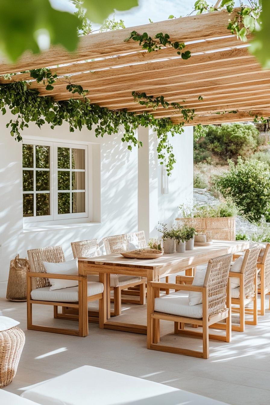 white patio with pergola with vines wooden modern furniture dining table 3