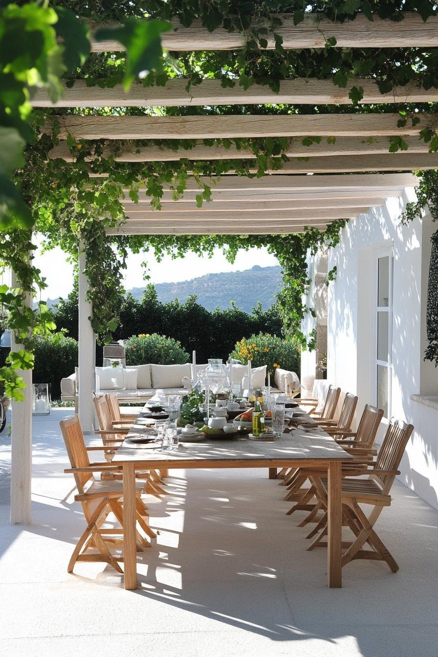 white patio with pergola with vines wooden modern furniture dining table