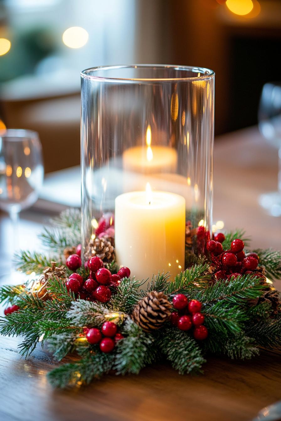 Christmas table wreath with a large glass vase with a large candle inside 1