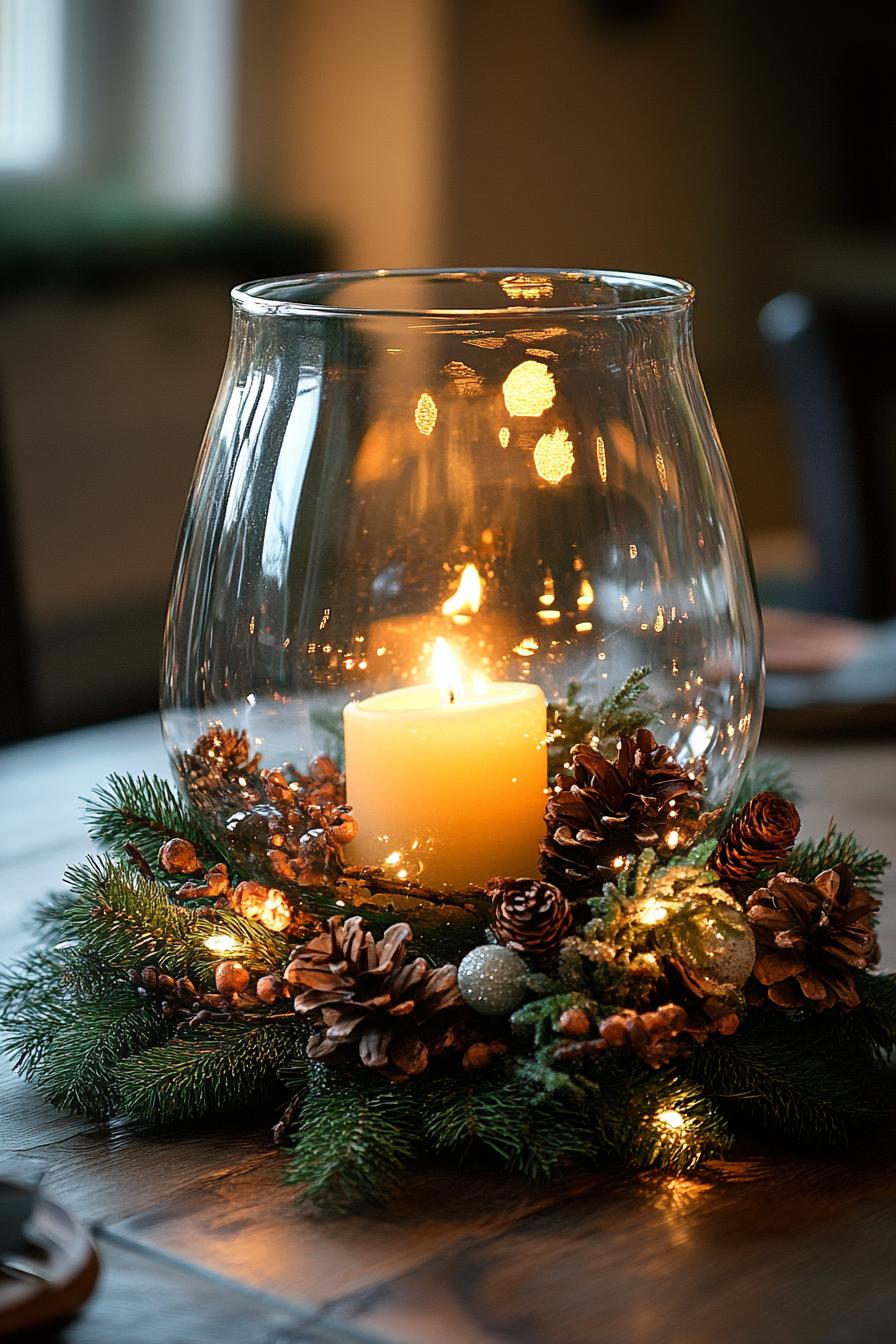 Christmas table wreath with a large glass vase with a large candle inside