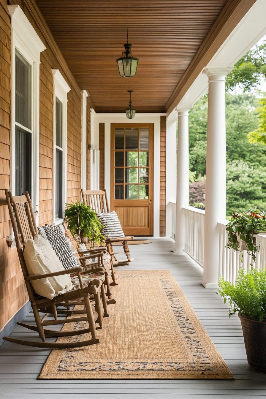 clapboard siding house contrasting wood stain porch area rug wood stain furniture 3