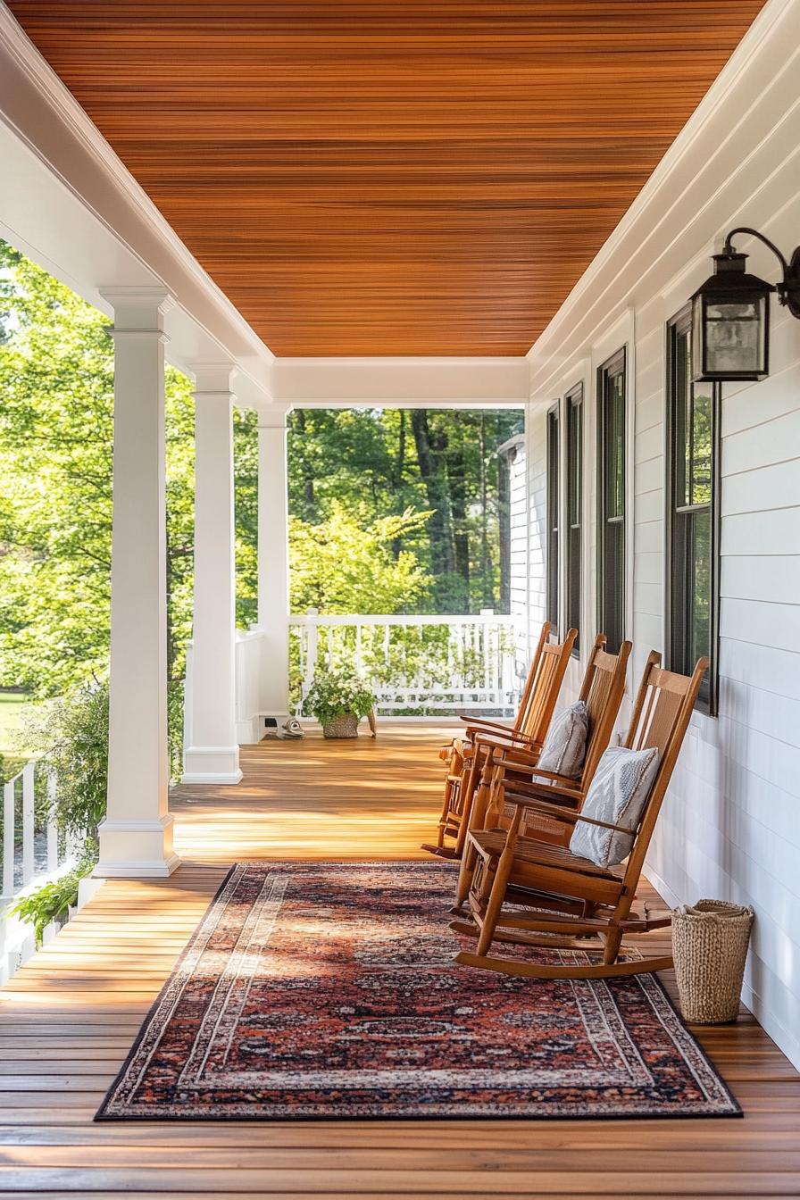 clapboard siding house contrasting wood stain porch area rug wood stain furniture