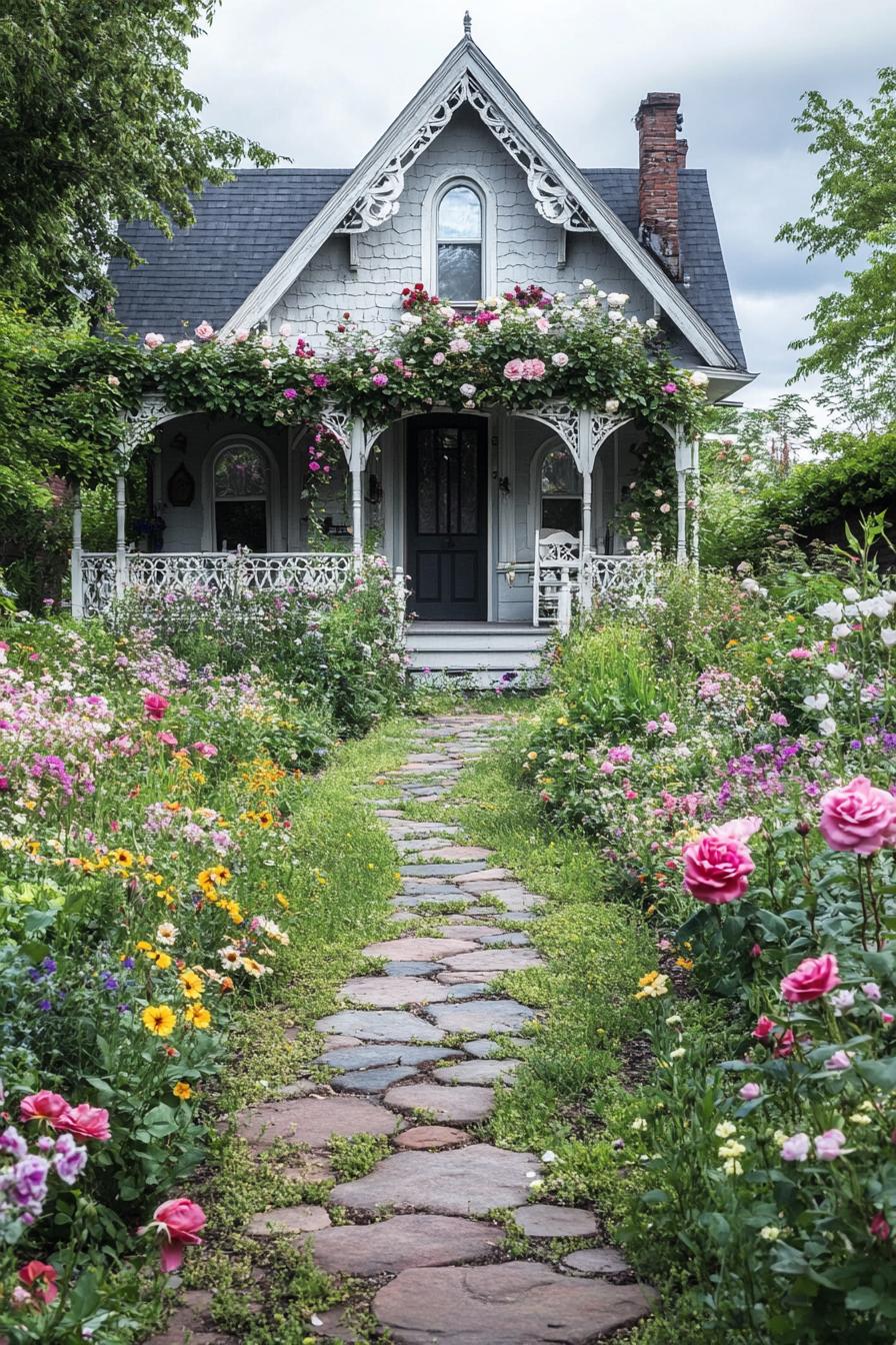 lush flower garden with roses and wildflowers a stone path in the middle leading to the front porch of a cottage house with ornamental details and