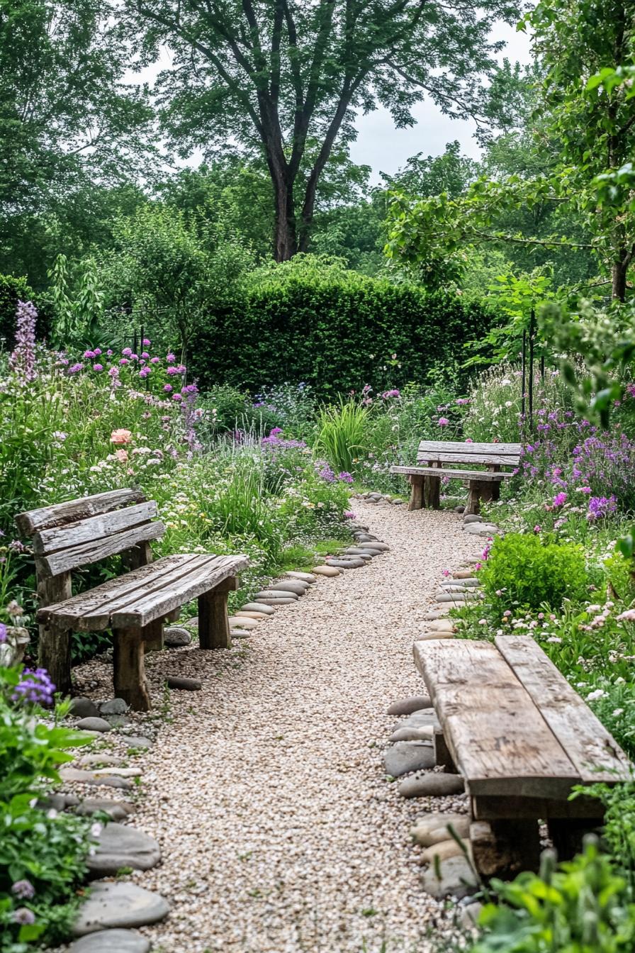 rustic country gravel garden with rustic benches flower beds bordered with stones lush bushes wildflowers lush trees in the background