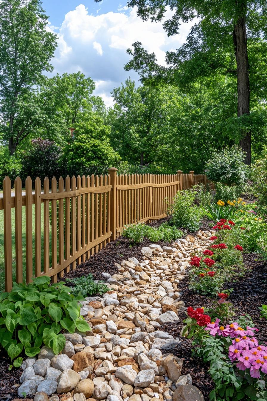 backyard garden fenced with picket fence river rock garden with mulch and flower bushes trees 1