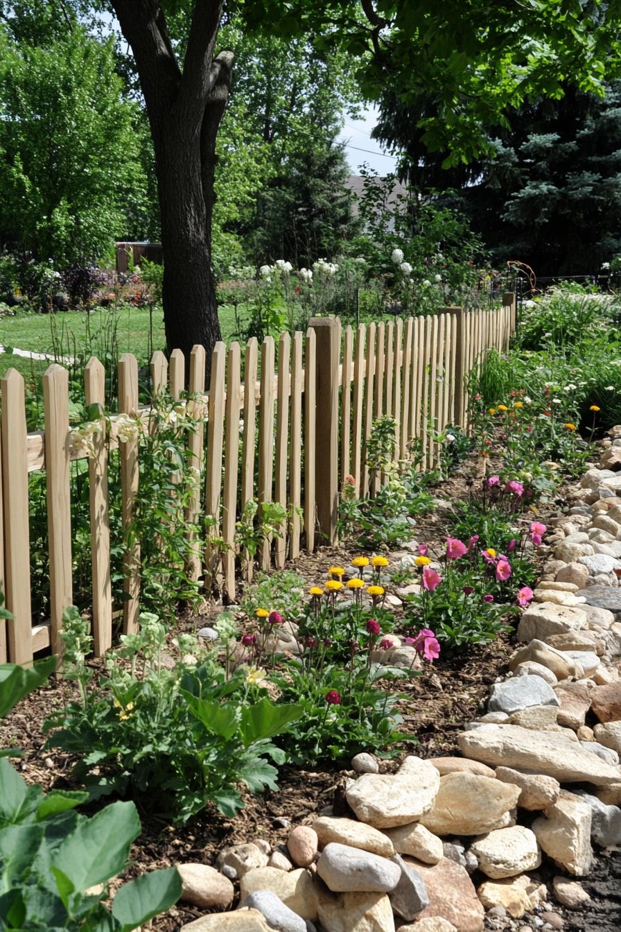 backyard garden fenced with picket fence river rock garden with mulch and flower bushes trees