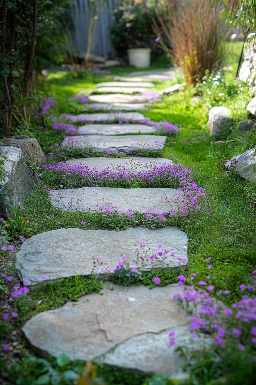 beautiful backyard garden with stone pathways there is grass and thyme with small blossoms growing between the stones of the path the garden has