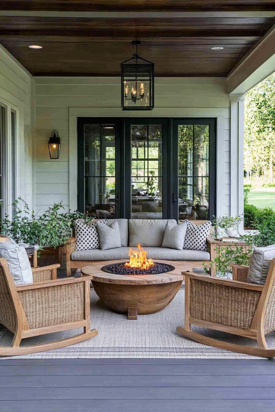 clapboard siding house porch with wood stain furniture area rug woven lighting coffee table with built in small firepit 1