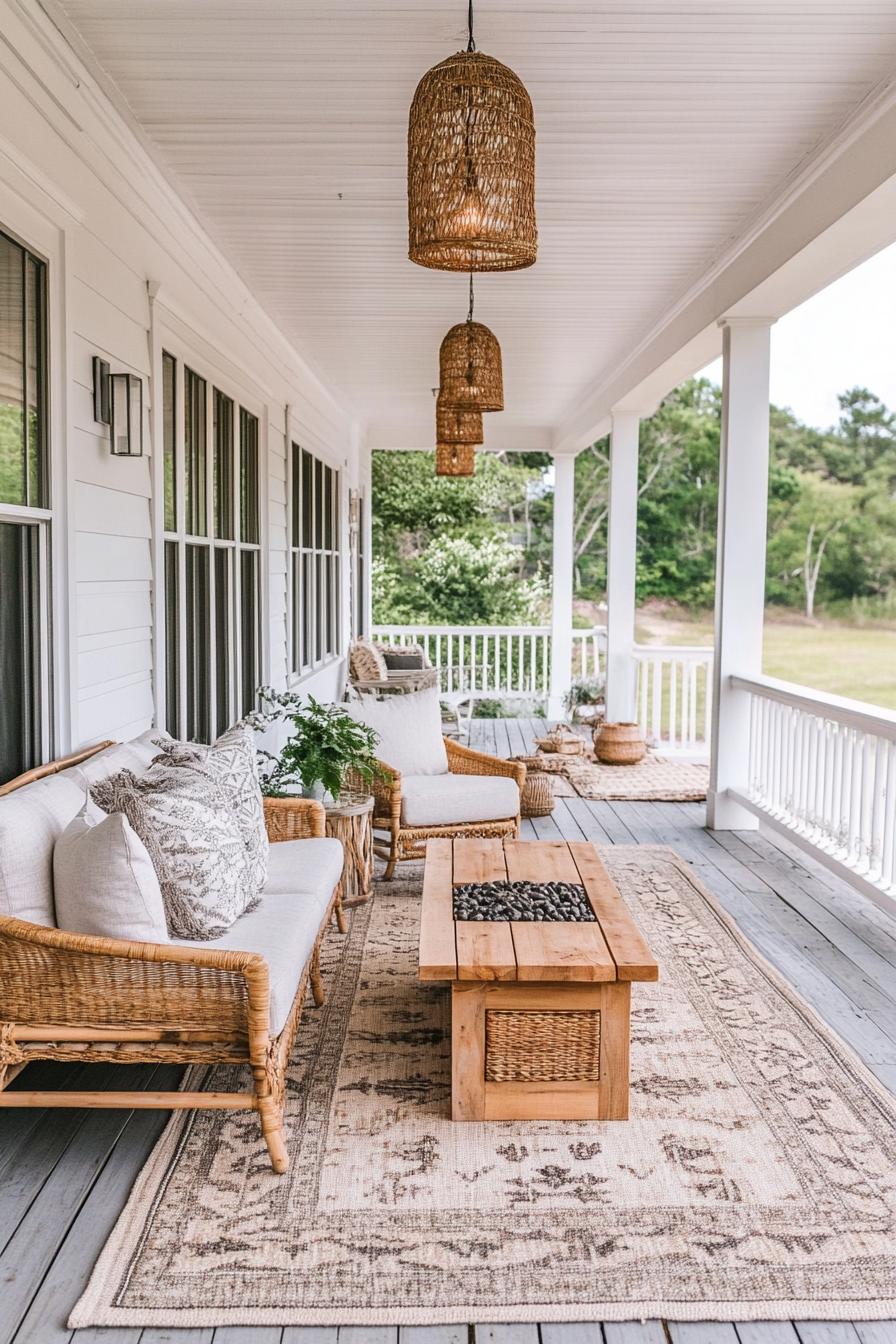 clapboard siding house porch with wood stain furniture area rug woven lighting coffee table with built in small firepit