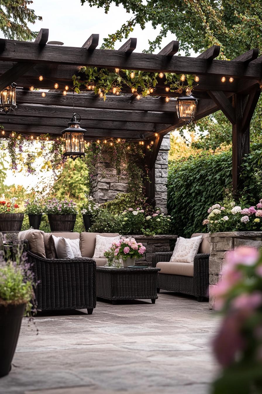 dark rustic wood pergola over a stone paved deck large flower planters outdoor wicker furniture with cushions pergola with vine string lights at the back a tall wooden wall with vines 1