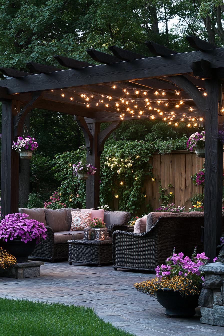 dark rustic wood pergola over a stone paved deck large flower planters outdoor wicker furniture with cushions pergola with vine string lights at the back a tall wooden wall with vines 2