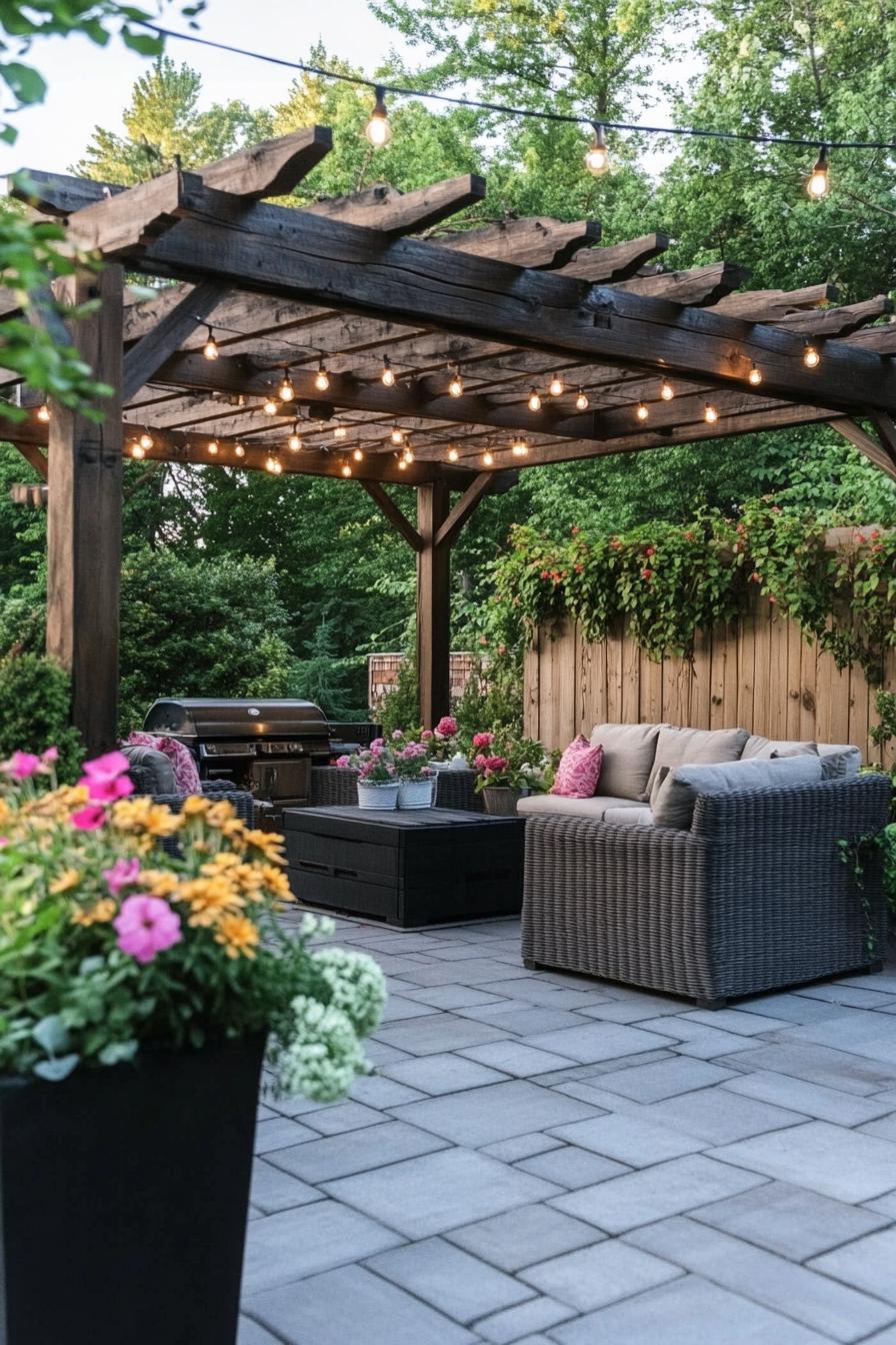 dark rustic wood pergola over a stone paved deck large flower planters outdoor wicker furniture with cushions pergola with vine string lights at the back a tall wooden wall with vines 3