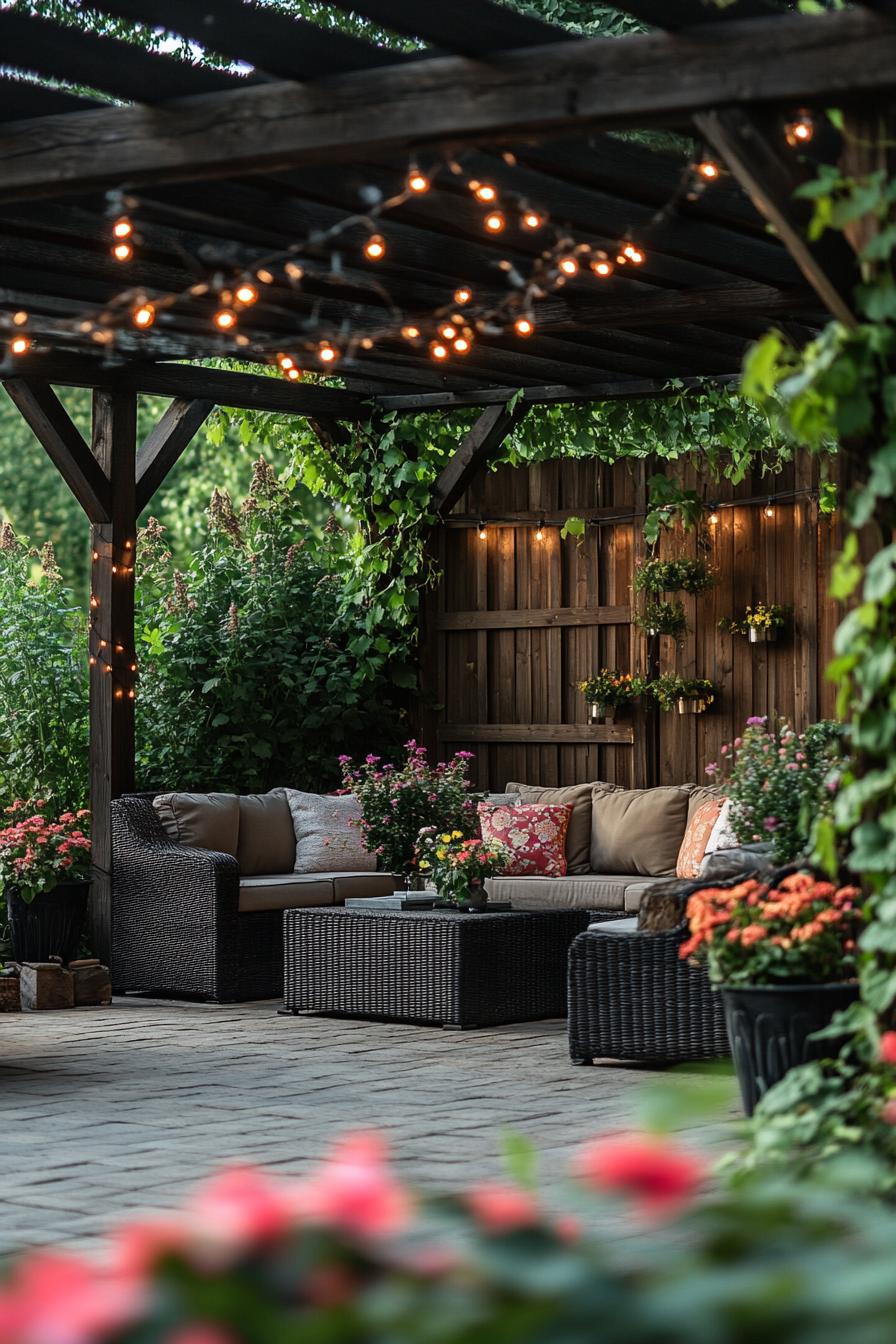 dark rustic wood pergola over a stone paved deck large flower planters outdoor wicker furniture with cushions pergola with vine string lights at the back a tall wooden wall with vines