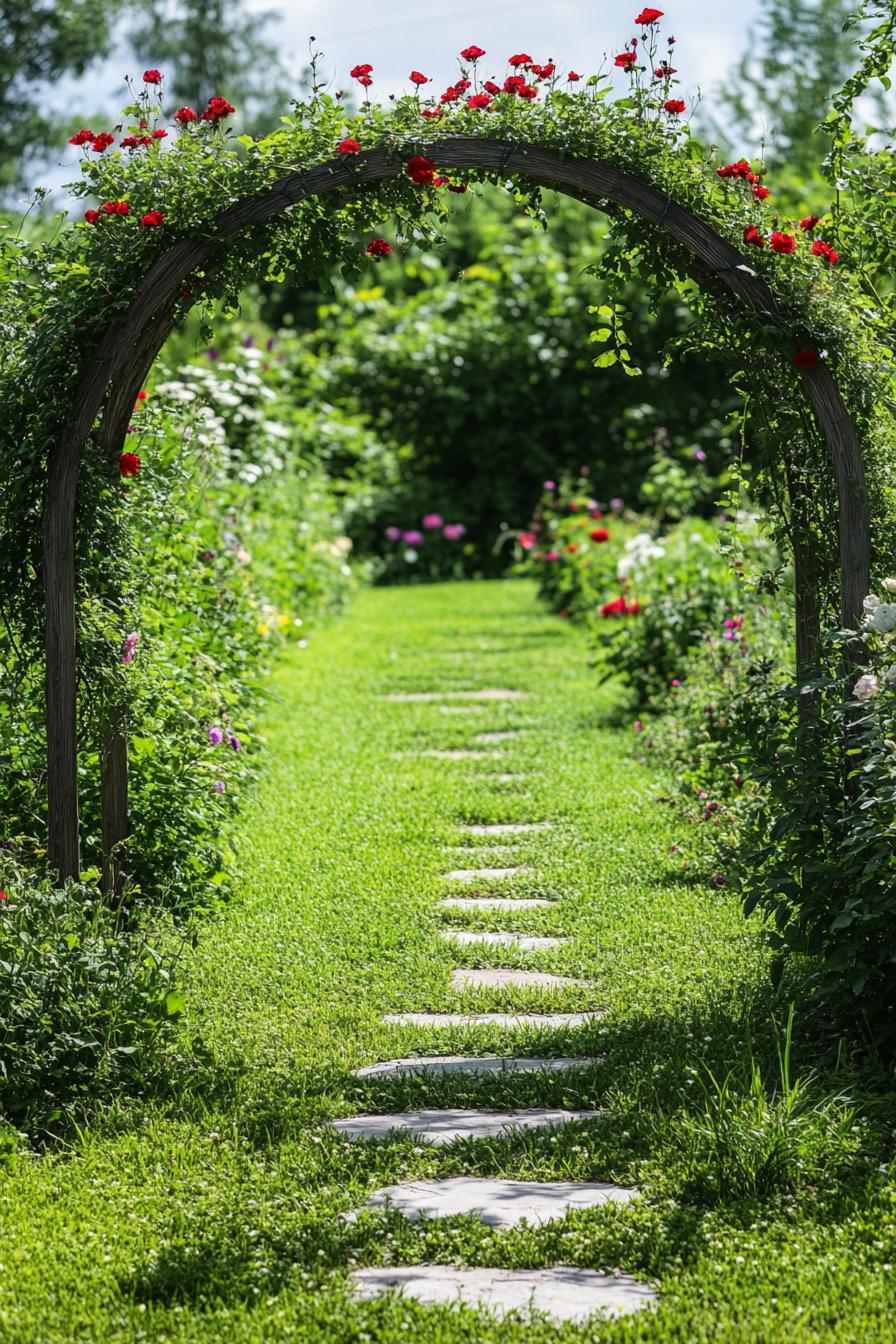 entrance into a country garden with an arbor with vine flowers grass pathway lush native flower bushes 1