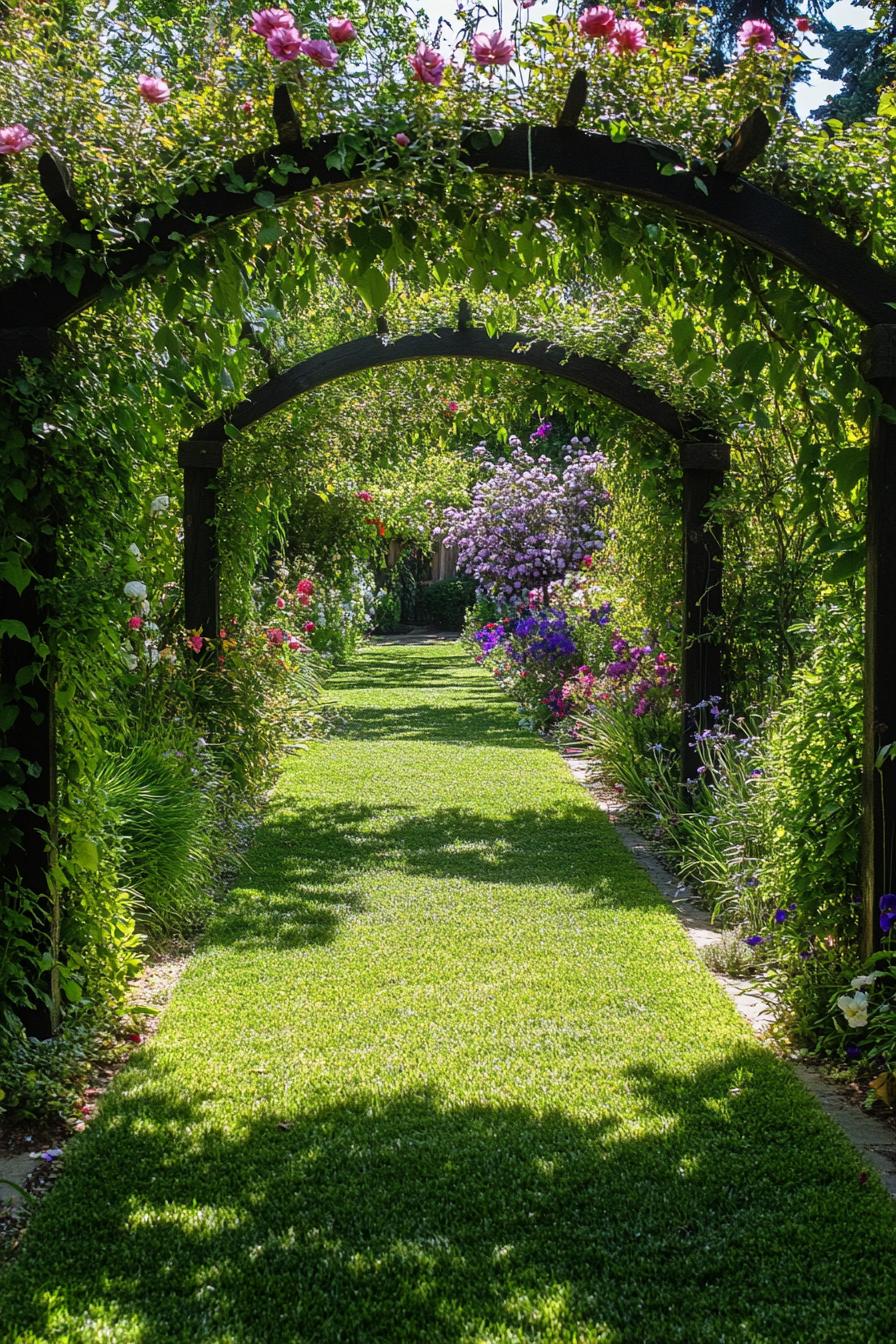 entrance into a country garden with an arbor with vine flowers grass pathway lush native flower bushes 2