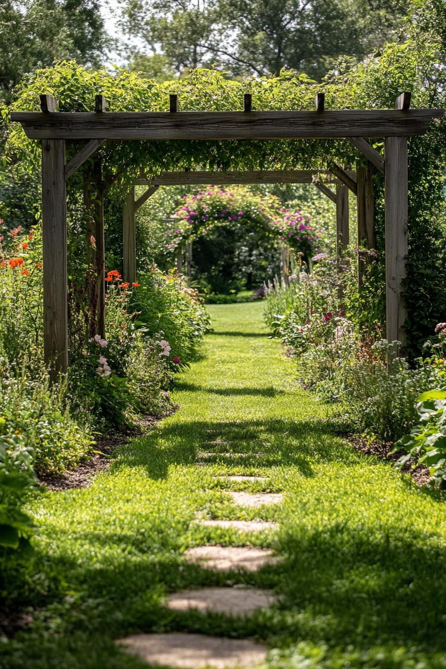 entrance into a country garden with an arbor with vine flowers grass pathway lush native flower bushes