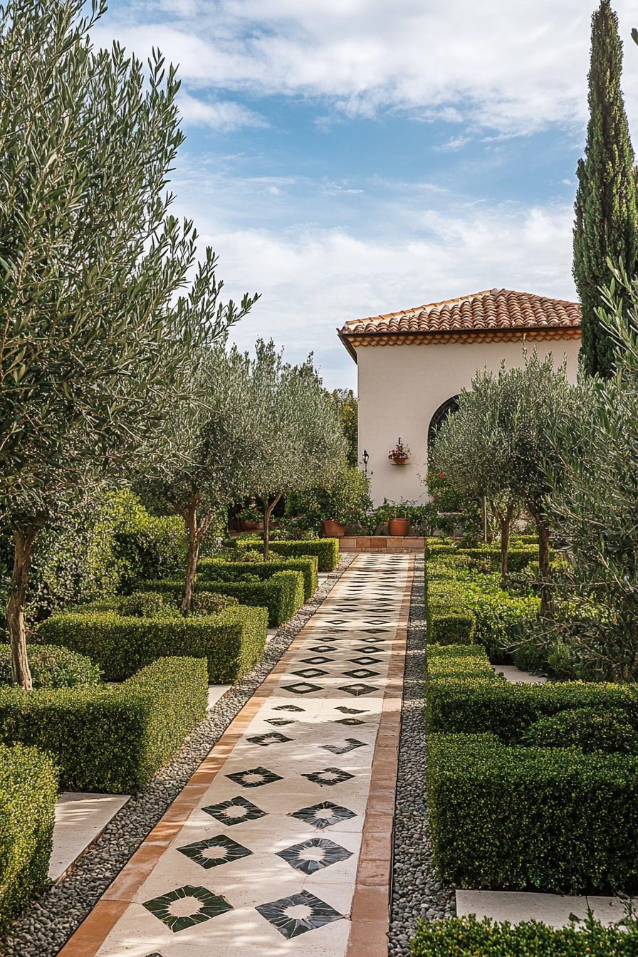 mediterranean yard landscape with tiled ground geometric shrubs young olive trees native bushes 1