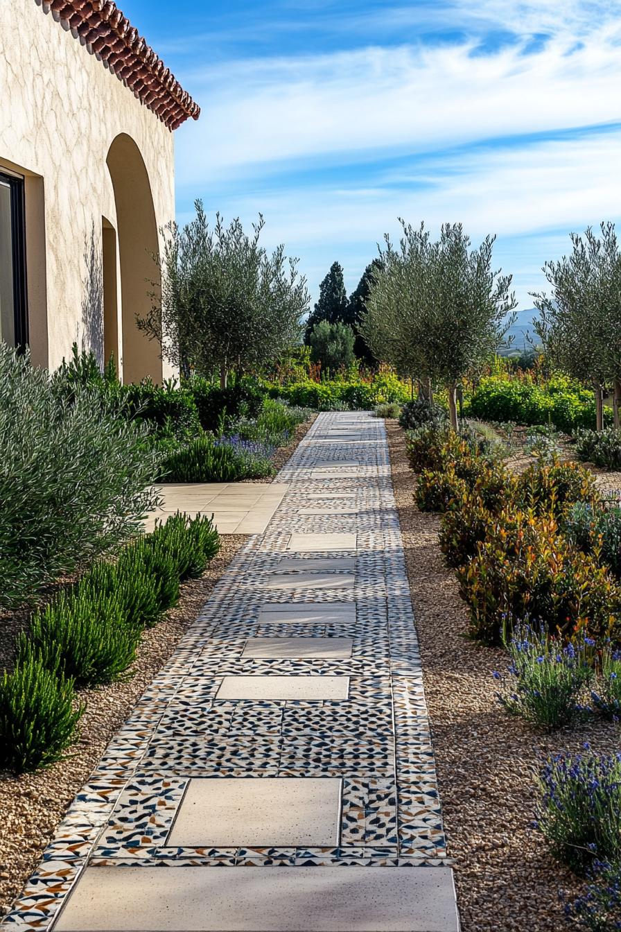 mediterranean yard landscape with tiled ground geometric shrubs young olive trees native bushes 2