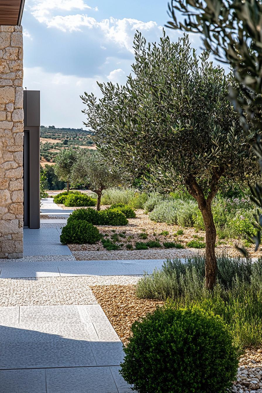 mediterranean yard landscape with tiled ground geometric shrubs young olive trees native bushes 3