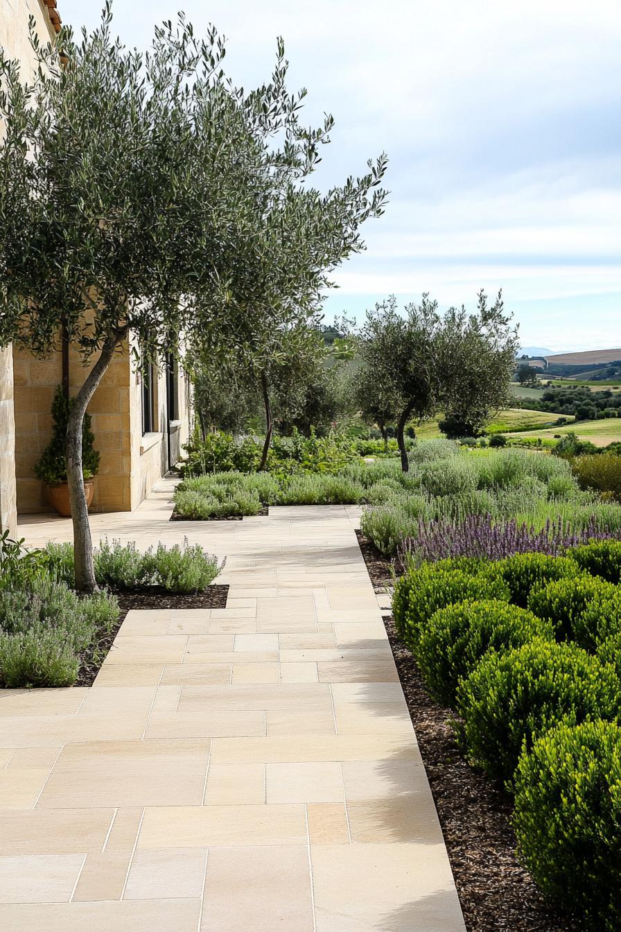 mediterranean yard landscape with tiled ground geometric shrubs young olive trees native bushes