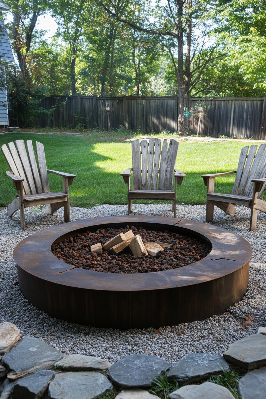 metal fire pit are with large pebbles and adirondack chairs 1