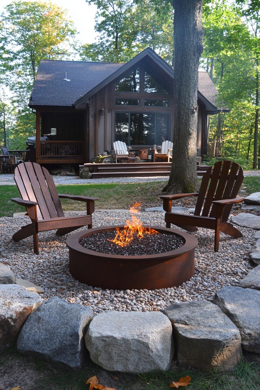 metal fire pit are with large pebbles and adirondack chairs 2