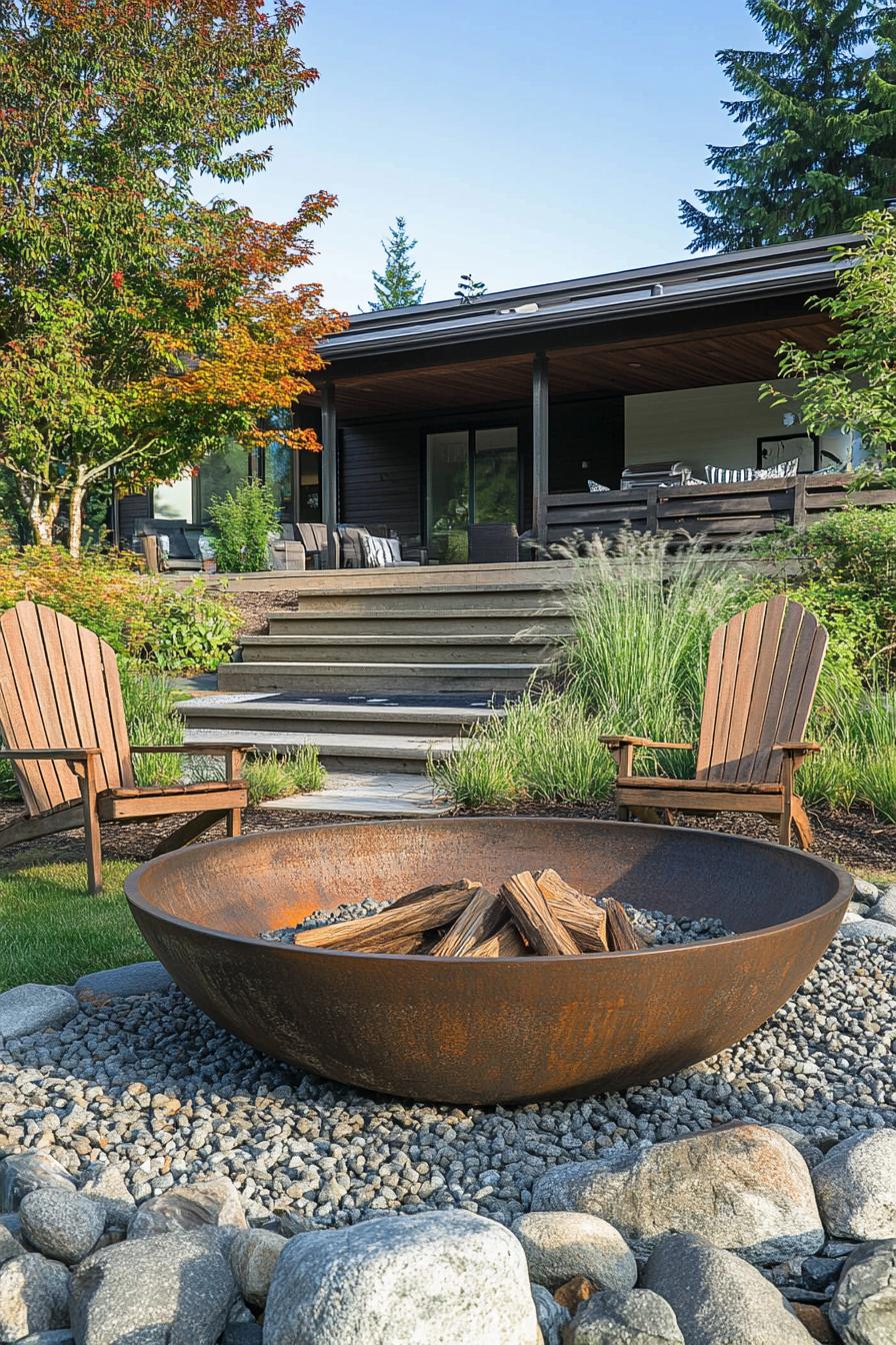 metal fire pit are with large pebbles and adirondack chairs 3