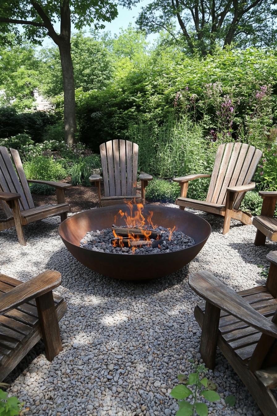 metal fire pit are with large pebbles and adirondack chairs