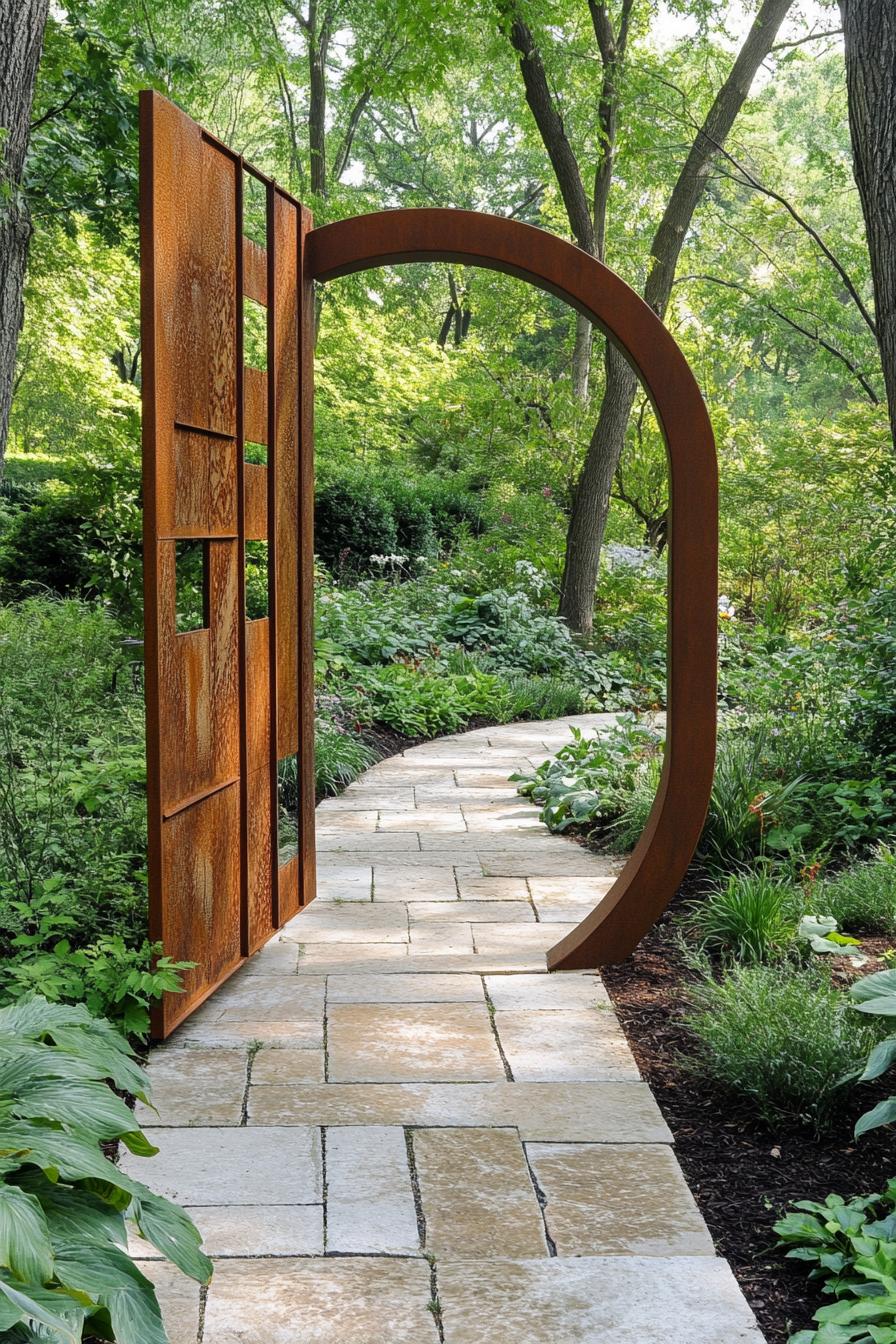 metal ring modern garden entrance with stone paved path rusted metal fence lush garden 1