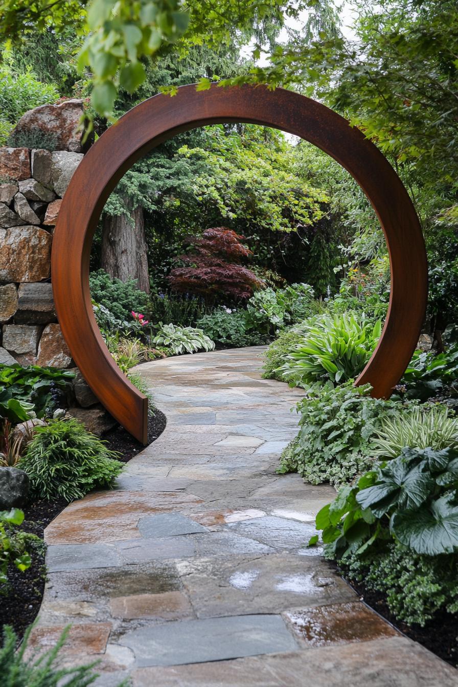 metal ring modern garden entrance with stone paved path rusted metal fence lush garden 2