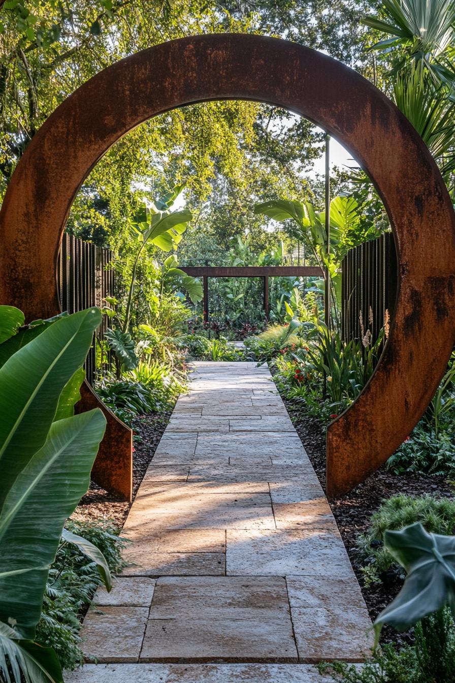 metal ring modern garden entrance with stone paved path rusted metal fence lush garden 3