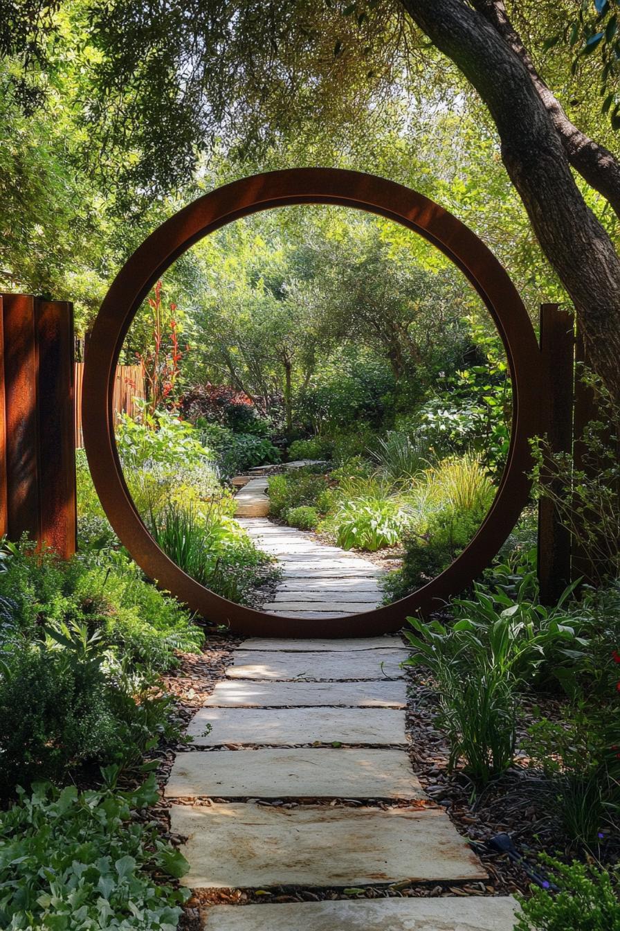 metal ring modern garden entrance with stone paved path rusted metal fence lush garden