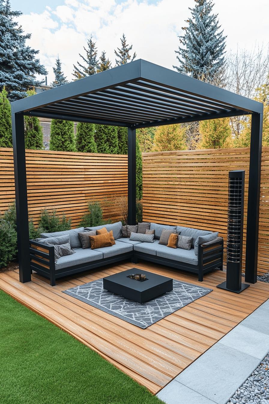 modern backyard gazebo in the corner of wooden horizontal slatted fence the gazebo is made of black steel it has sections of wooden horizontal 2