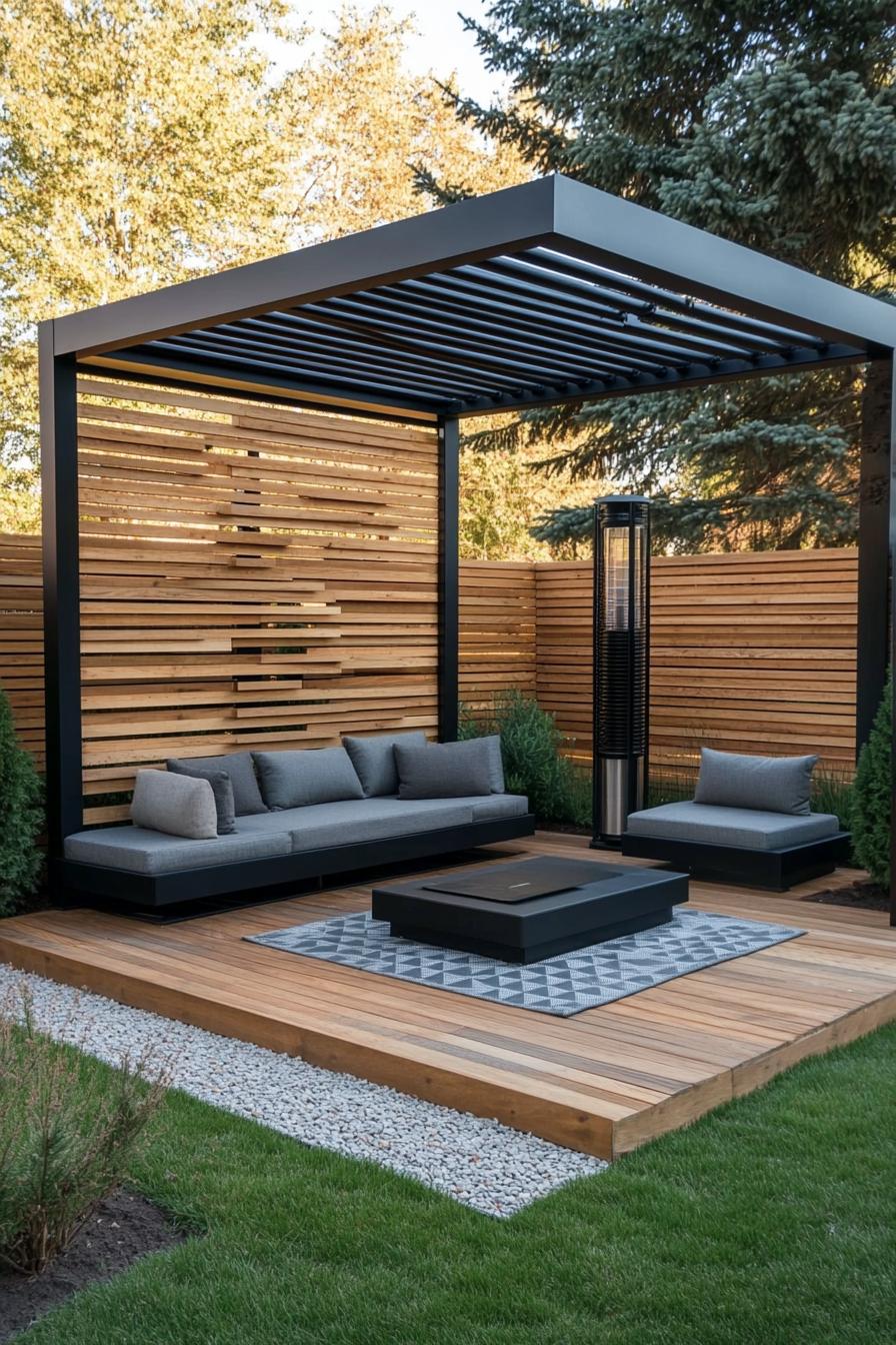 modern backyard gazebo in the corner of wooden horizontal slatted fence the gazebo is made of black steel it has sections of wooden horizontal 3