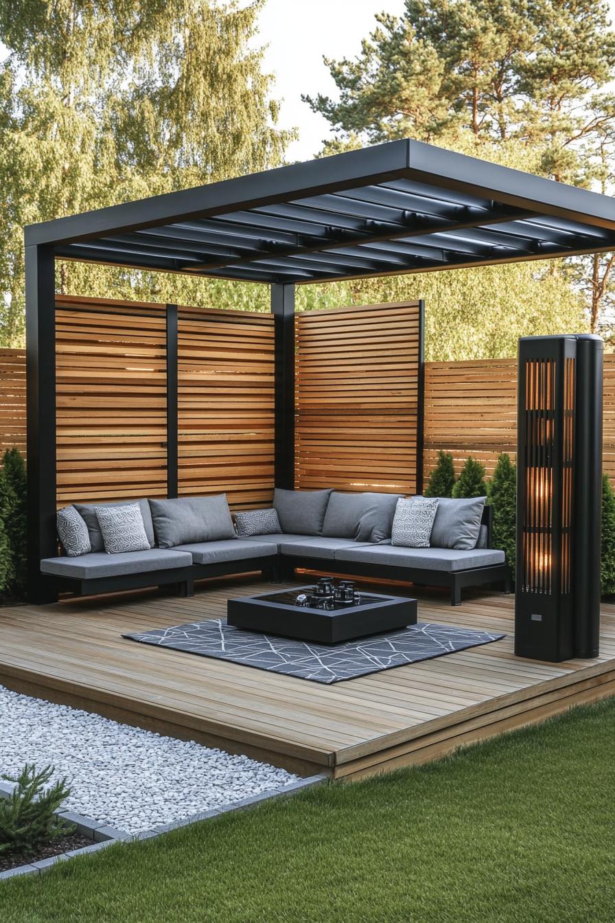 modern backyard gazebo in the corner of wooden horizontal slatted fence the gazebo is made of black steel it has sections of wooden horizontal