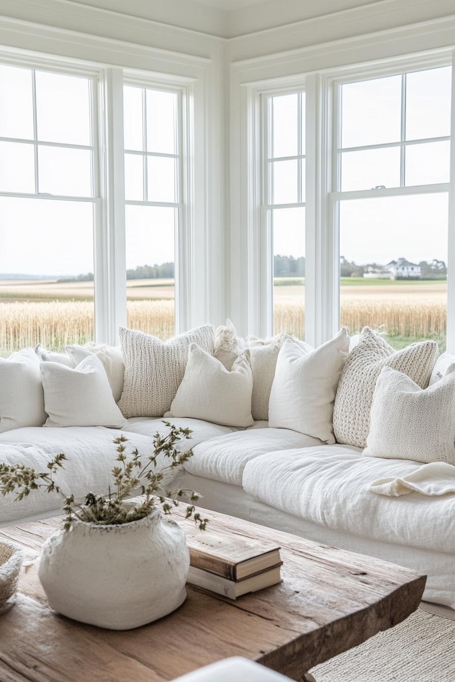 modern farmhouse living room with white walls sectional white sofa knit accent pillows large rustic wooden coffee table large white windows with 1