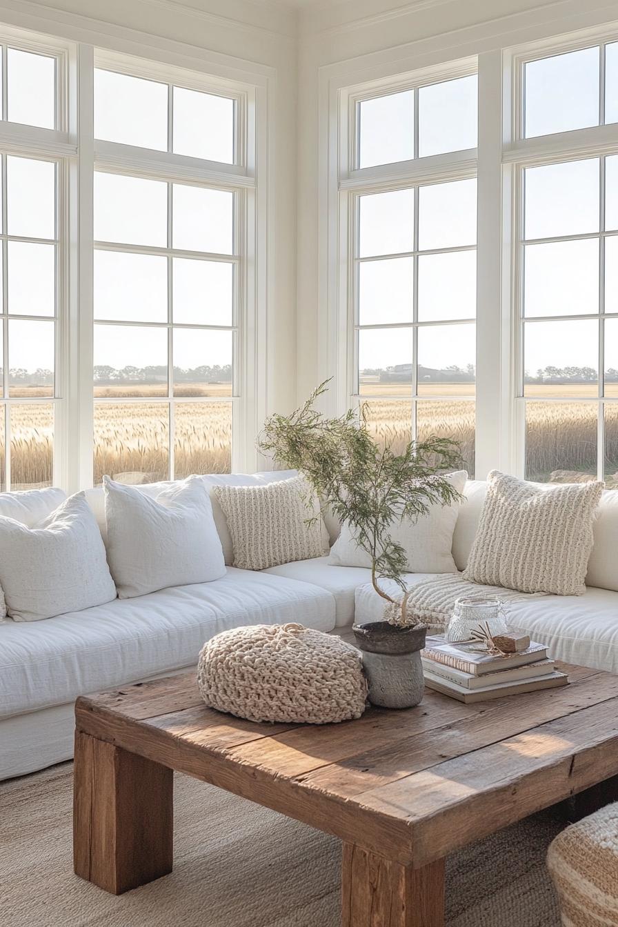 modern farmhouse living room with white walls sectional white sofa knit accent pillows large rustic wooden coffee table large white windows with