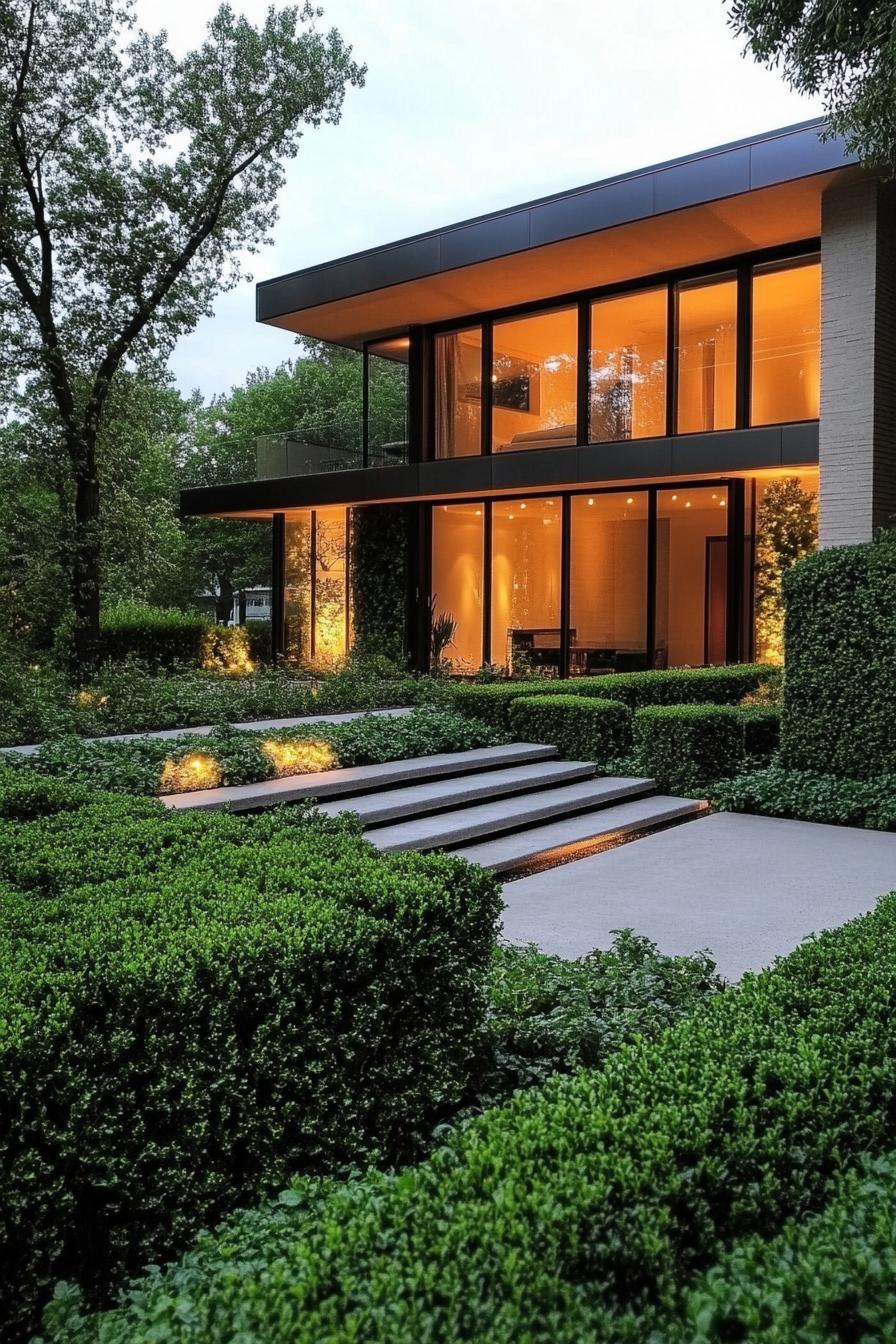 modern house front yard with mixed height bush hedges 1